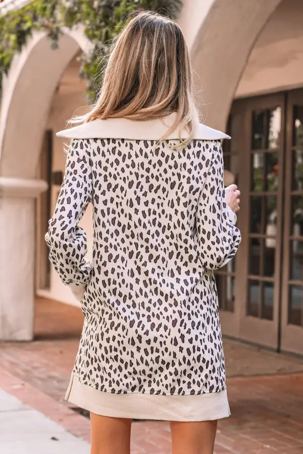Leopard Print Zip Up Collar Patchwork Shift Mini Dress