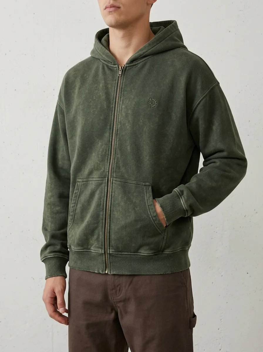 Men's Nature Lover Pine Tree Embroidered Vintage Washed Zip-up Hoodie