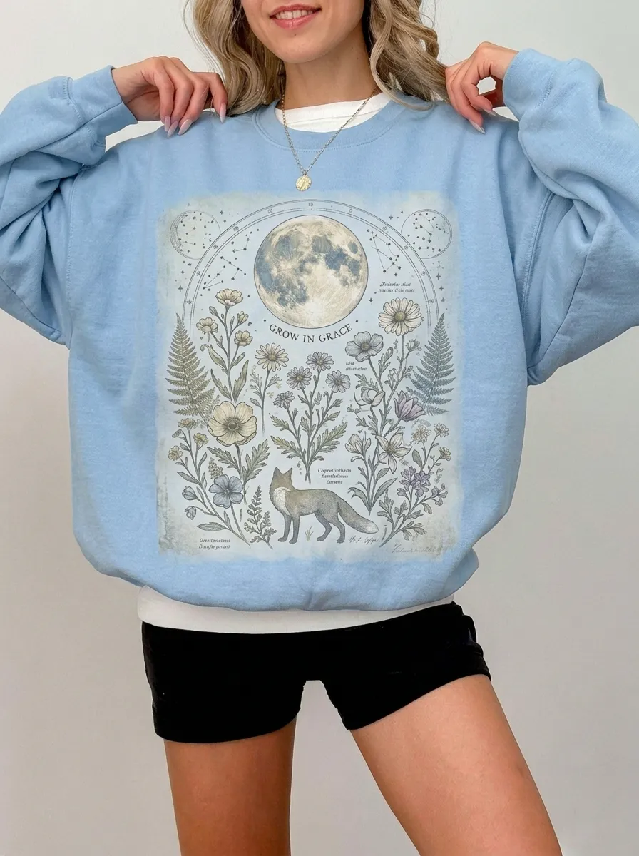 Women's Botanical Moon Fox Grow In Grace Printed Sweatshirt