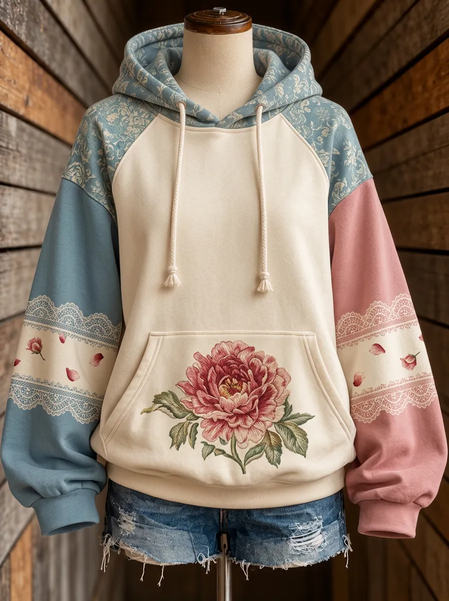 Women's Western Floral Peony Lace Patchwork Printed Hoodie