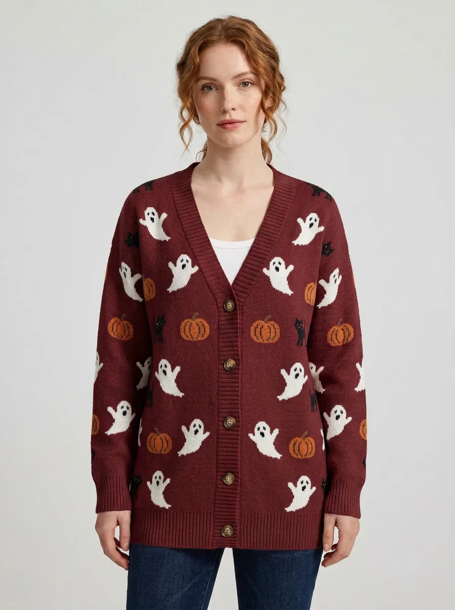 Women's Halloween Ghost Pumpkin Cat Pattern Printed Cardigan
