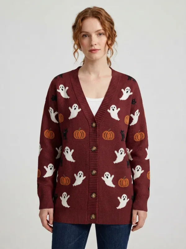 Women's Halloween Ghost Pumpkin Cat Pattern Printed Cardigan