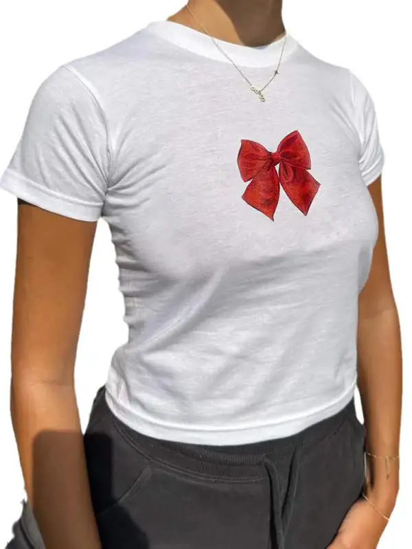 Refined Round-Neck Short-Sleeve Bow-Detail Knit T-Shirt