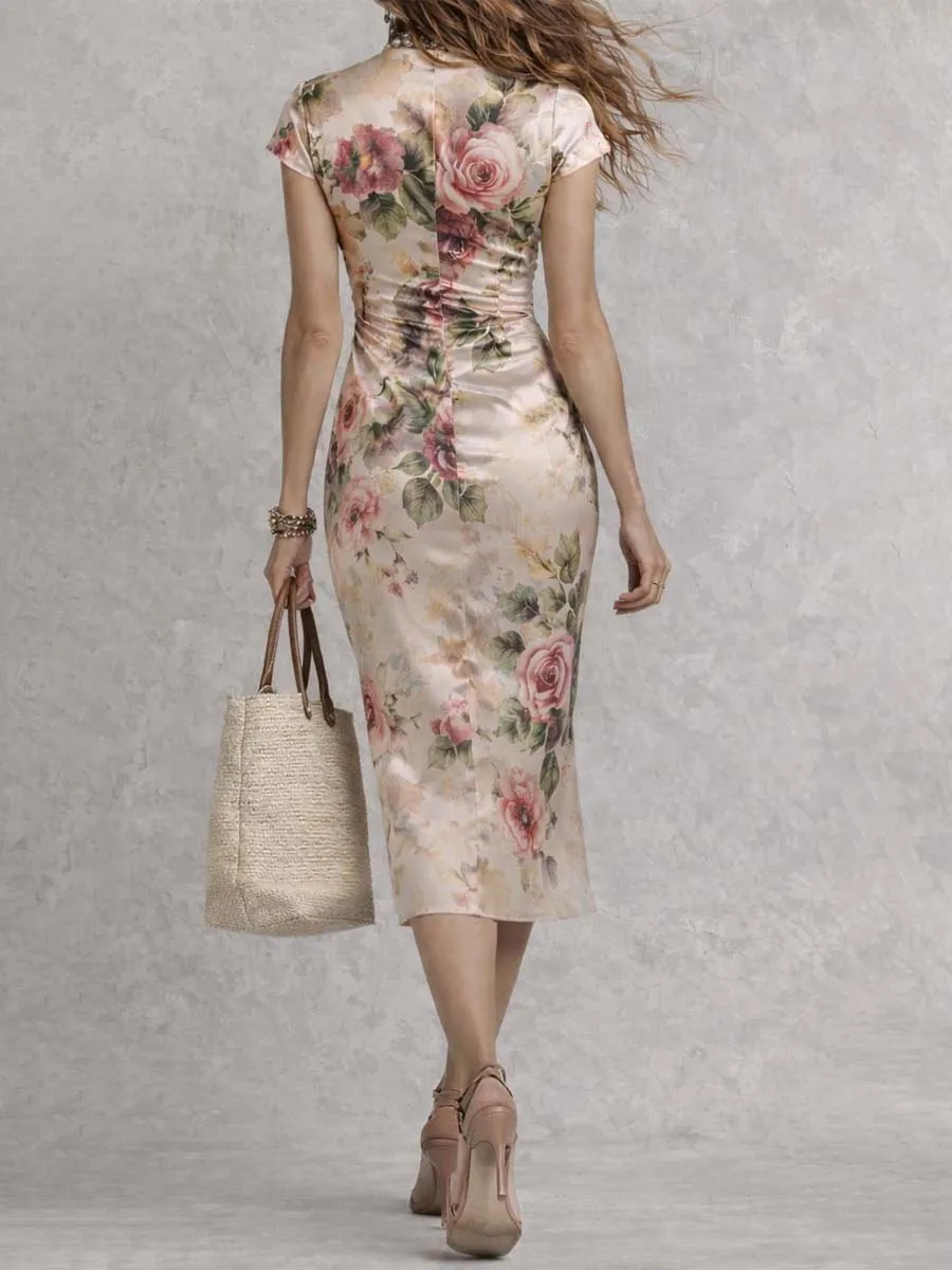 Satin Floral Print Ruched Midi Dress With Side Slit