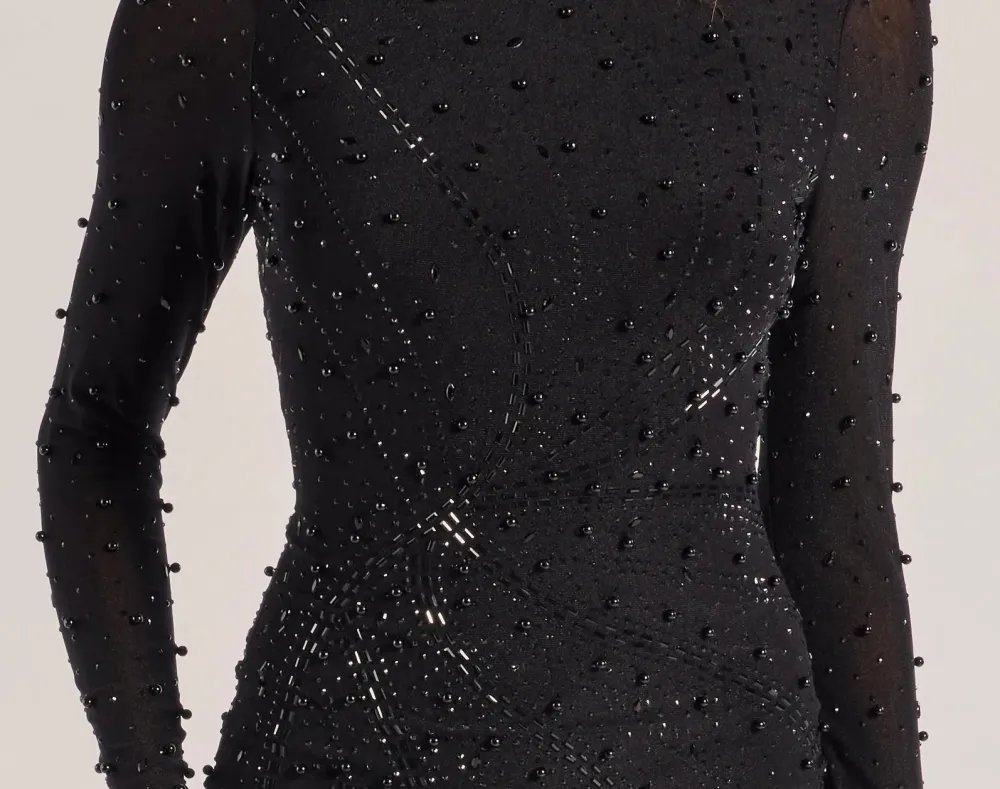 Black Rhinestone Long-Sleeve Bodycon Mini Dress