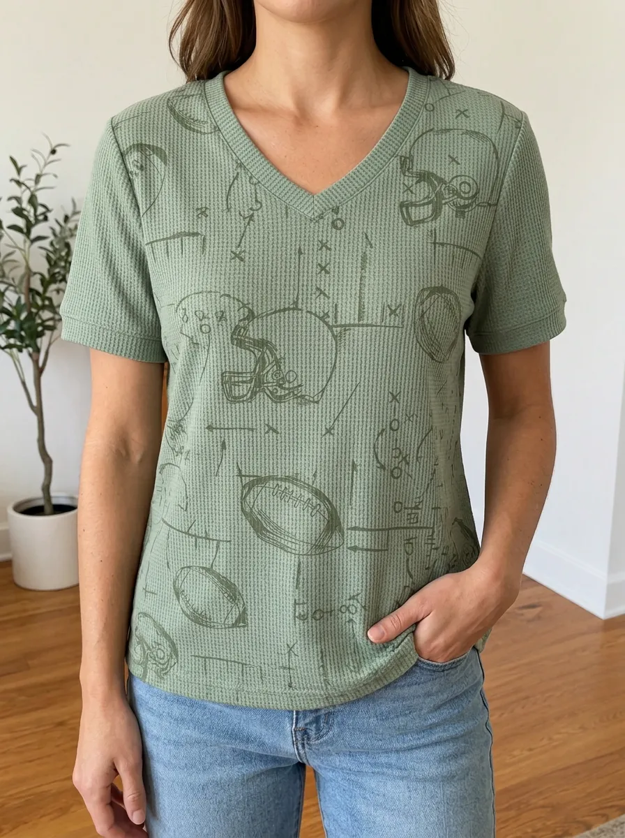 Women's Gridiron Football Fan Helmet Playbook Printed Waffle Knit V-Neck Top