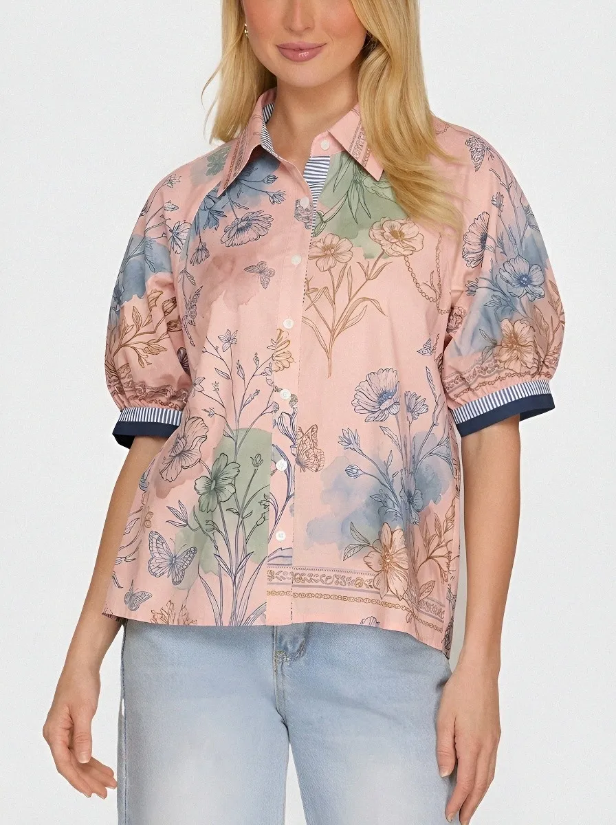Women's Botanical Butterfly Floral Printed Puff Sleeve Shirt