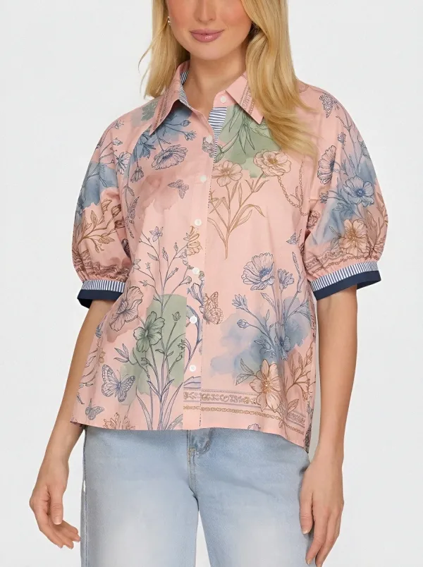 Women's Botanical Butterfly Floral Printed Puff Sleeve Shirt