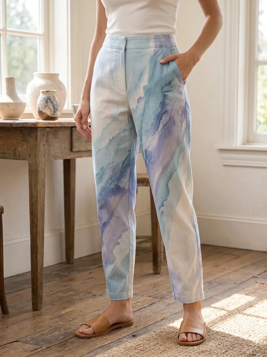 Women's Abstract Art Blue Purple Watercolor Printed Pants