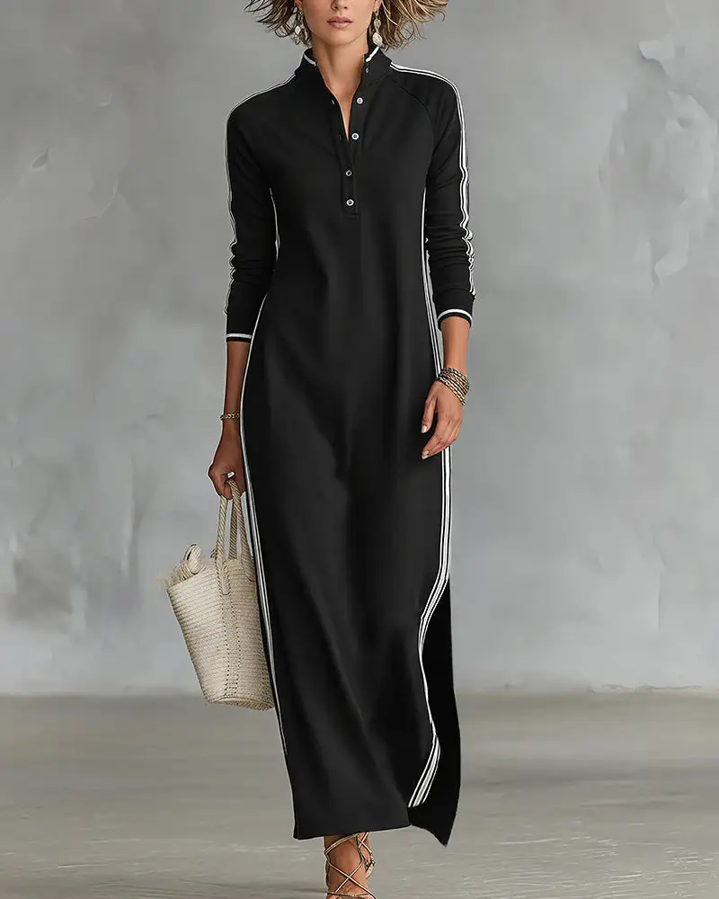 Sporty Chic Button Collar Maxi Dress with Side Stripes