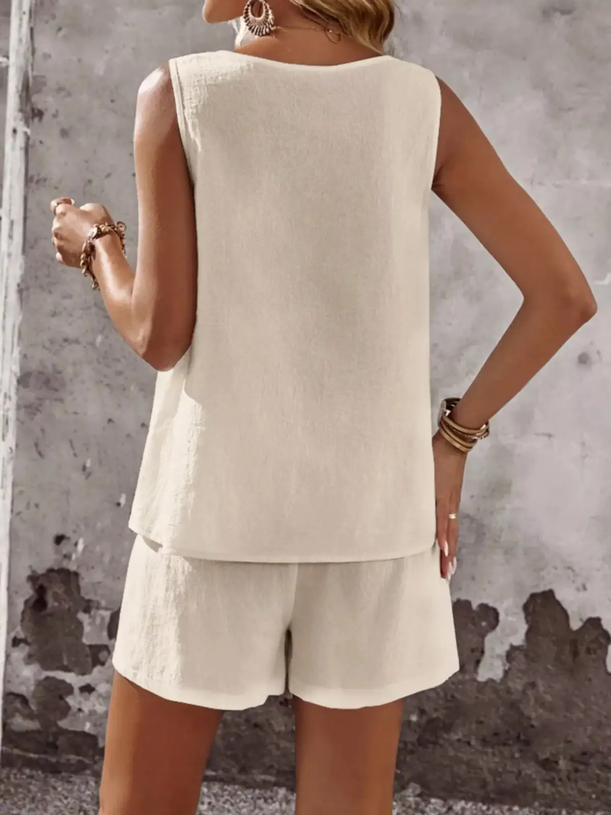 Round-Neck Button-Detail Cotton Shorts Matching Set