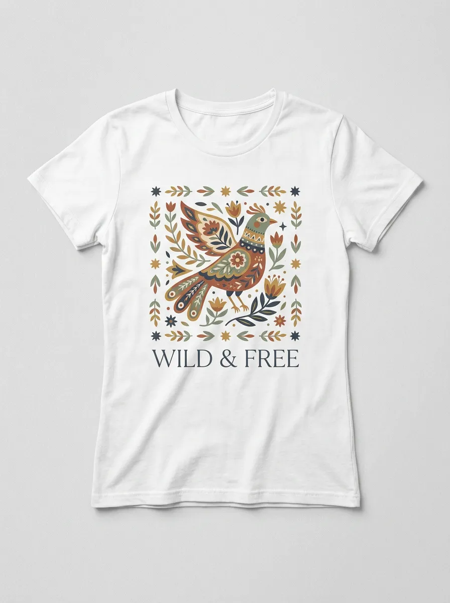 Wild And Free Folk Art Bird Floral T-Shirt