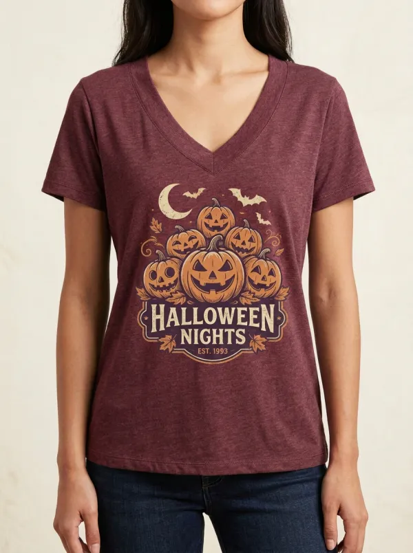 Women's Halloween Nights Pumpkin Bat Moon Printed V-Neck T-Shirt