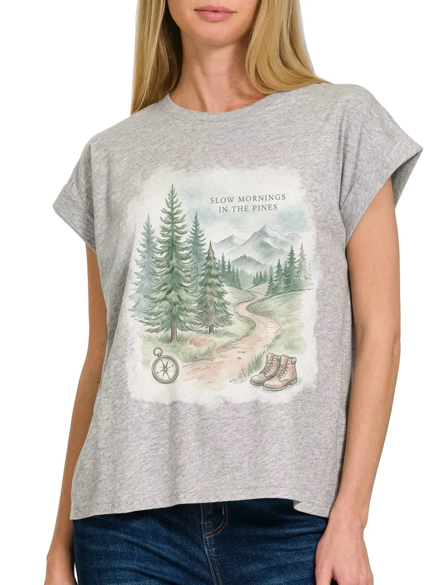Women's Nature Hiking Lover Pine Forest Compass Printed T-shirt
