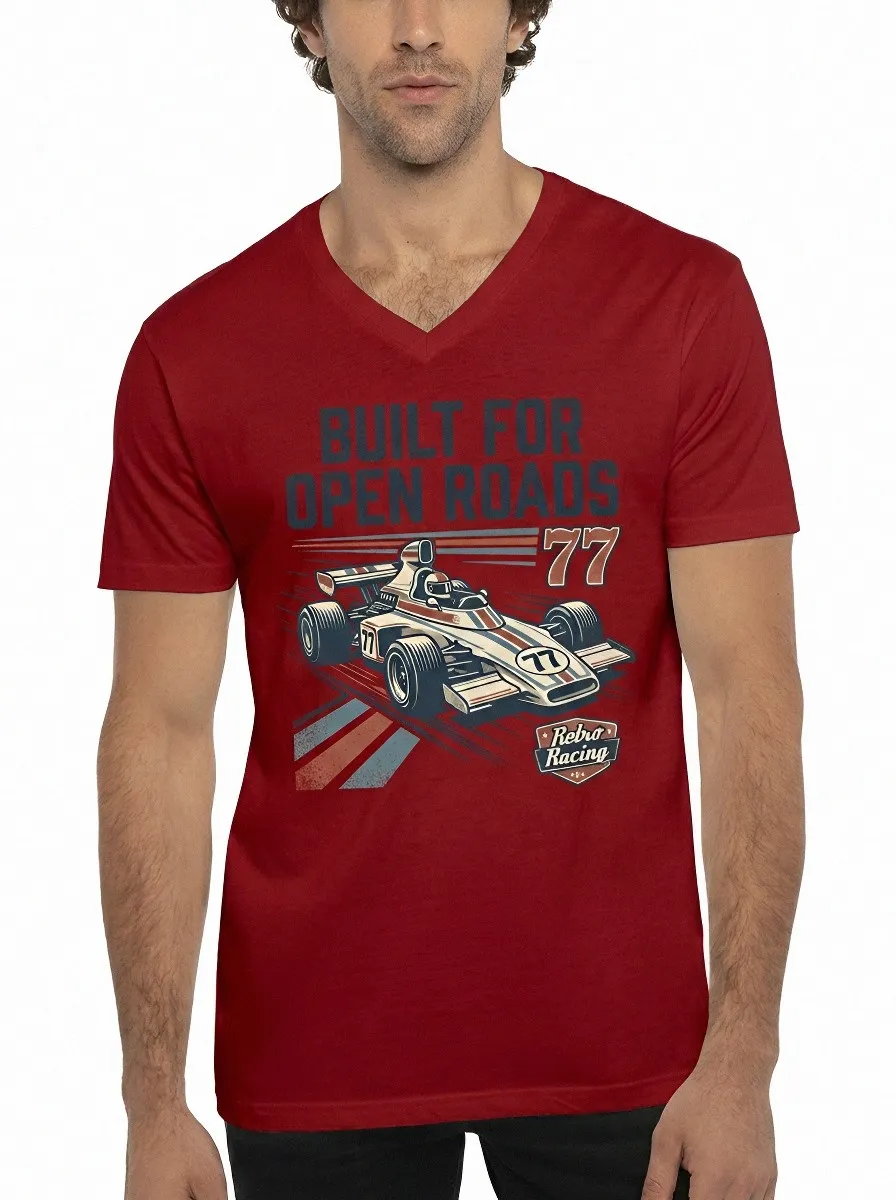 Men's Retro Racing Lover Open Roads 77 Printed V-Neck T-Shirt