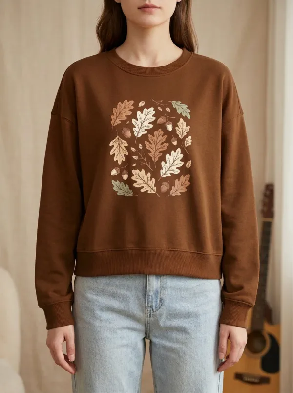 Weekend Printed Acorn Leaf-Motif Graphic Sweatshirt