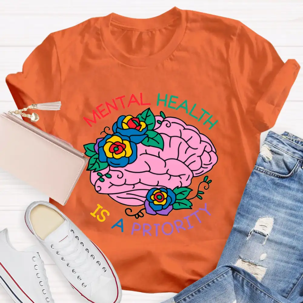 Mental Health Is A Priority Floral Brain T-Shirt