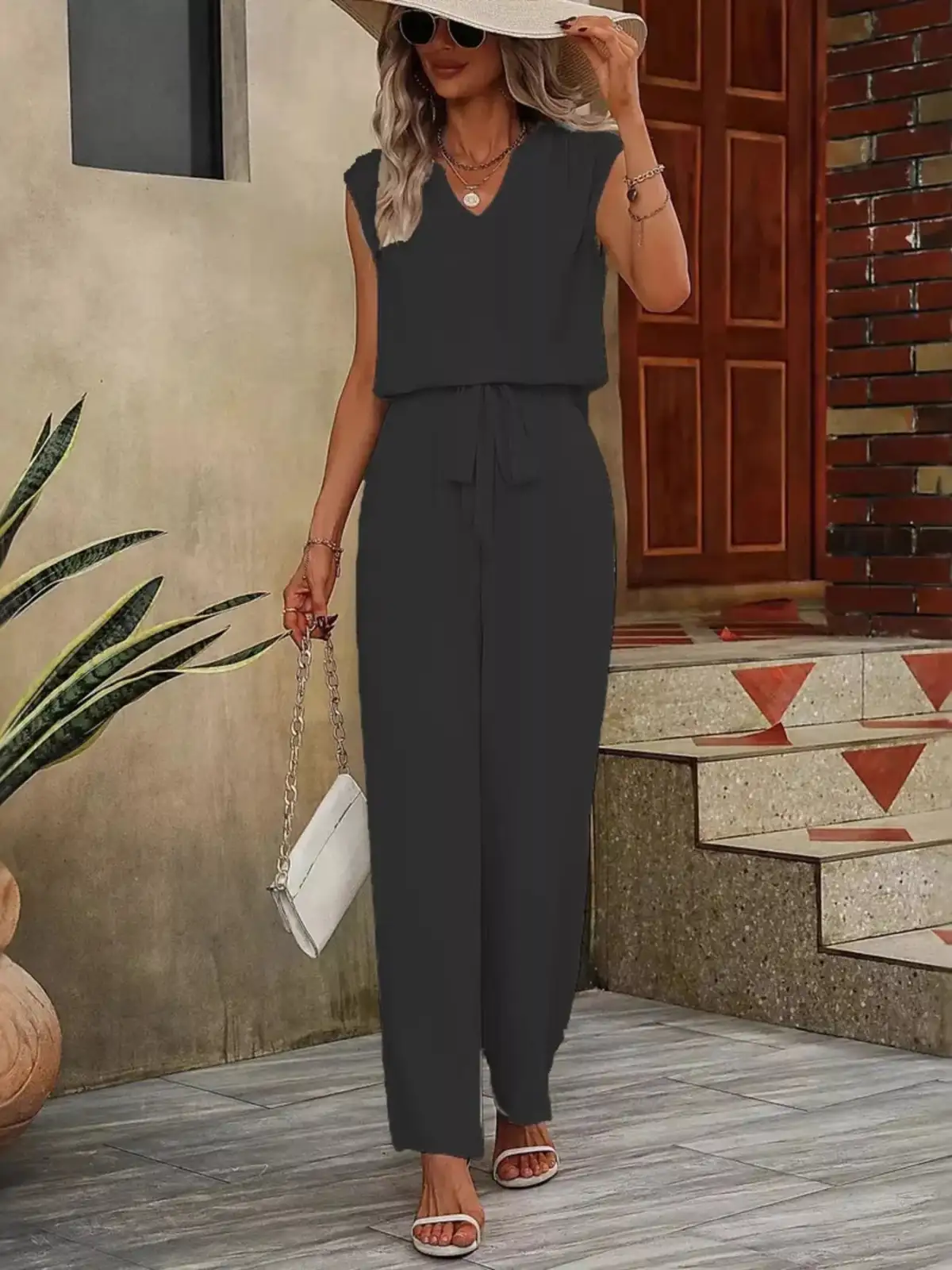 Refined V-Neck Wide-Leg Pants Matching Set