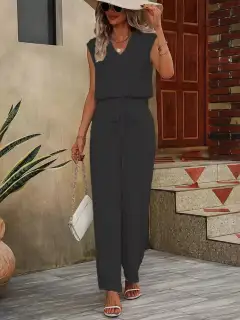 Refined V-Neck Wide-Leg Pants Matching Set