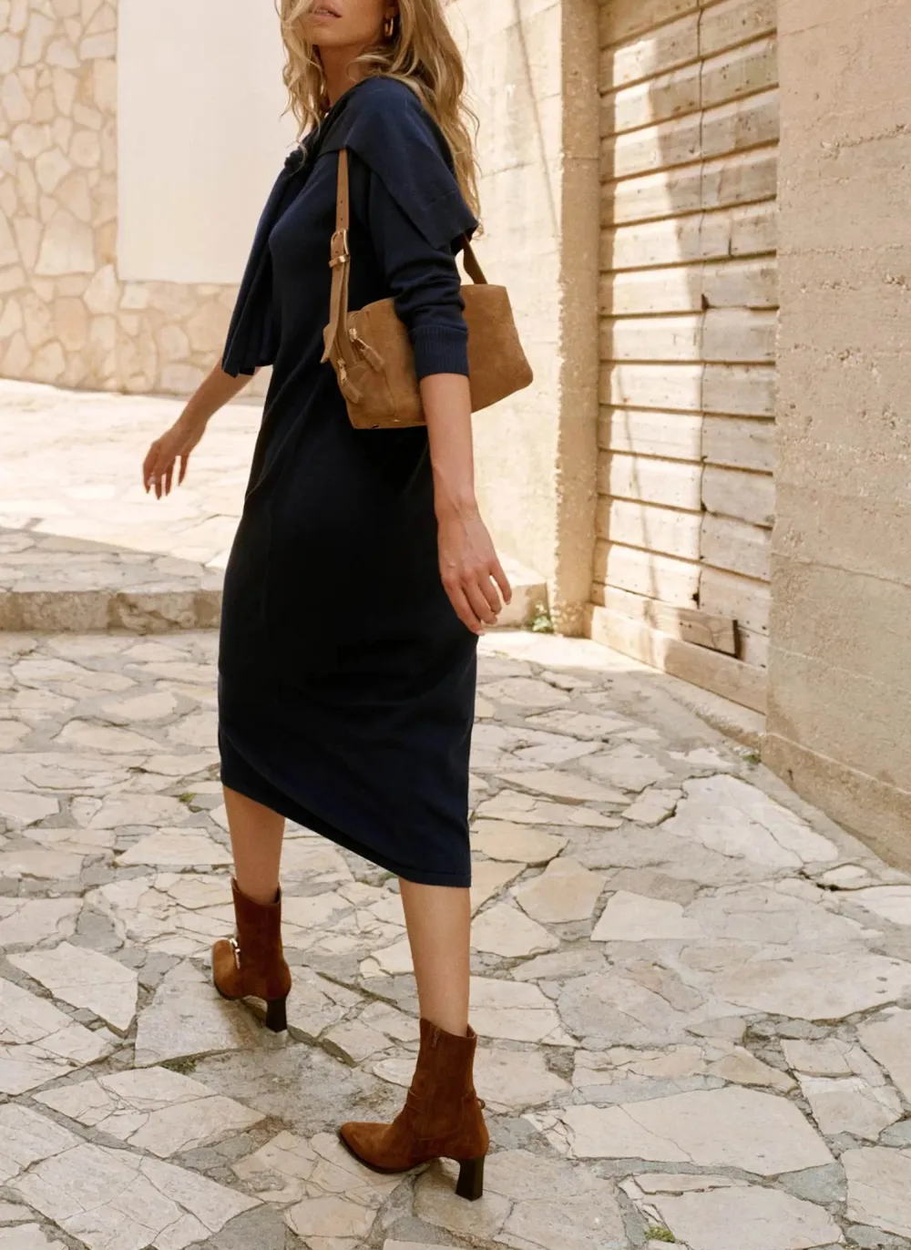Casual Style Navy Knit Scarf Midi Dress