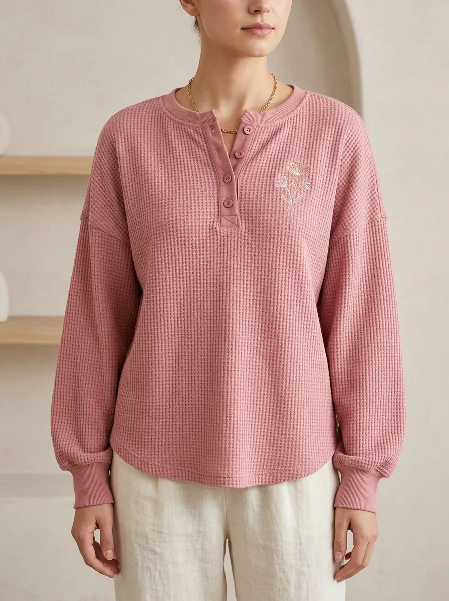 Women's Pink Floral Minimalist Waffle Knit Printed Henley Sweatshirt