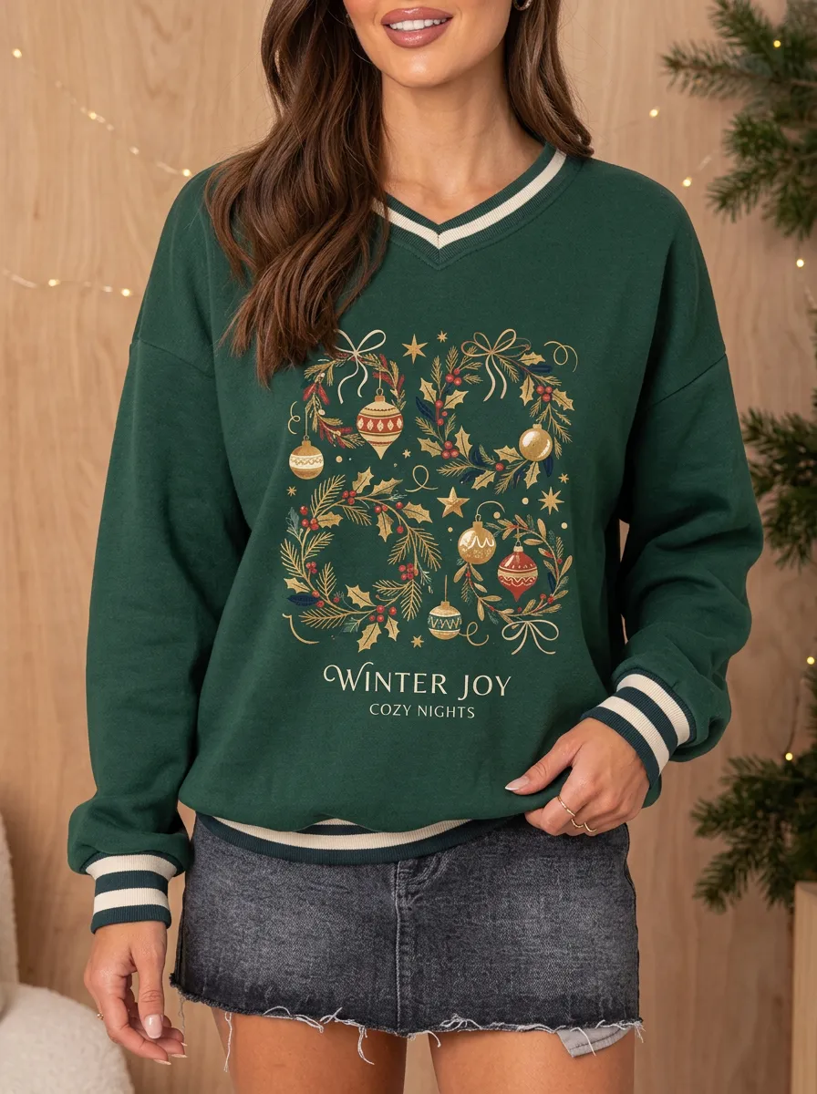 Christmas Winter Joy Wreath Ornaments Print Sweatshirt