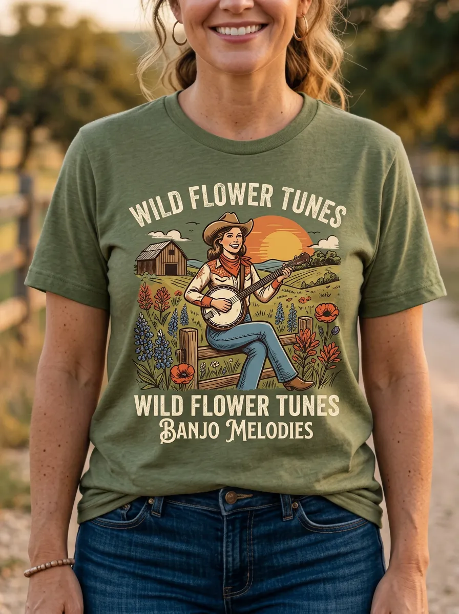 Honky-Tonk-Inspired Banjo Cowgirl Country Music Crewneck T-Shirt