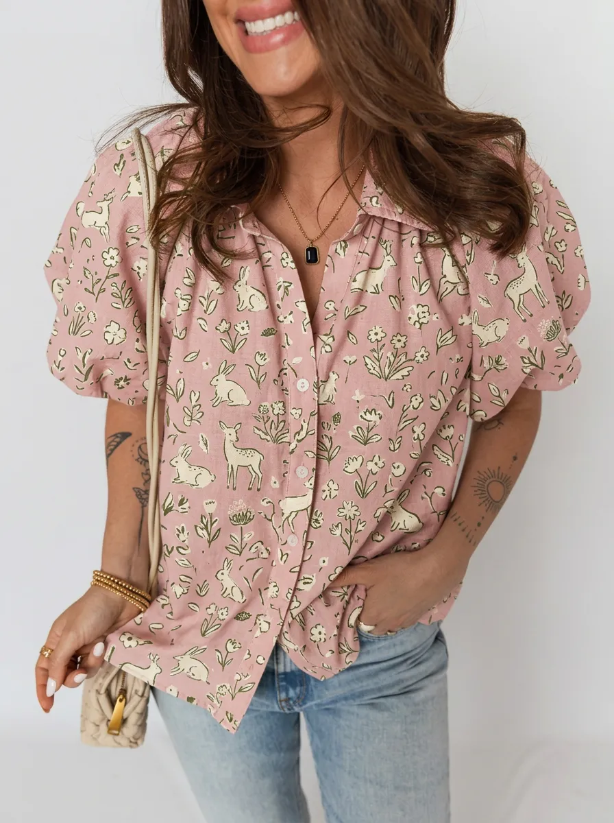 Rabbit Deer Floral Women's Loose Printed Shirt