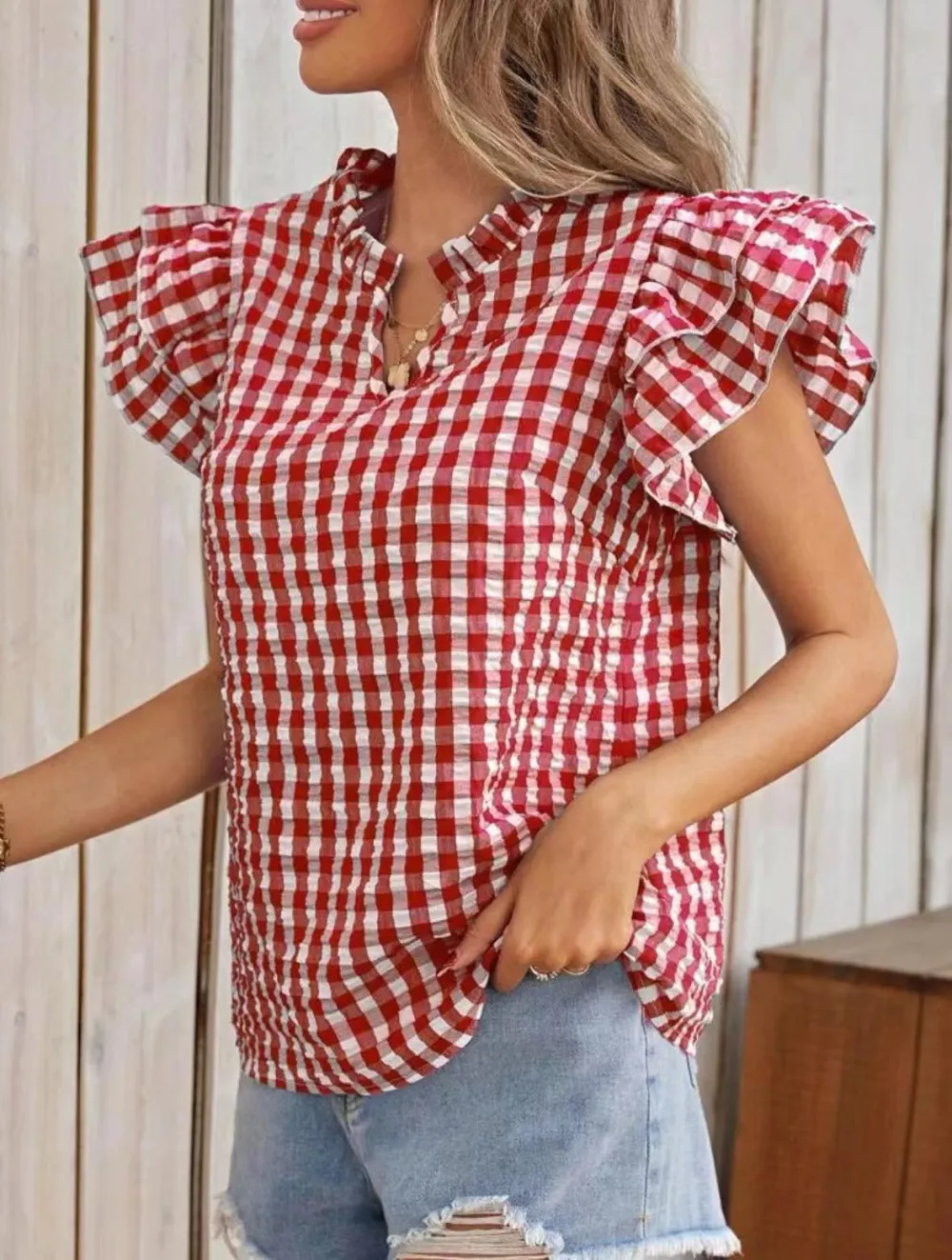 Gingham Ruffle Neck Blouse