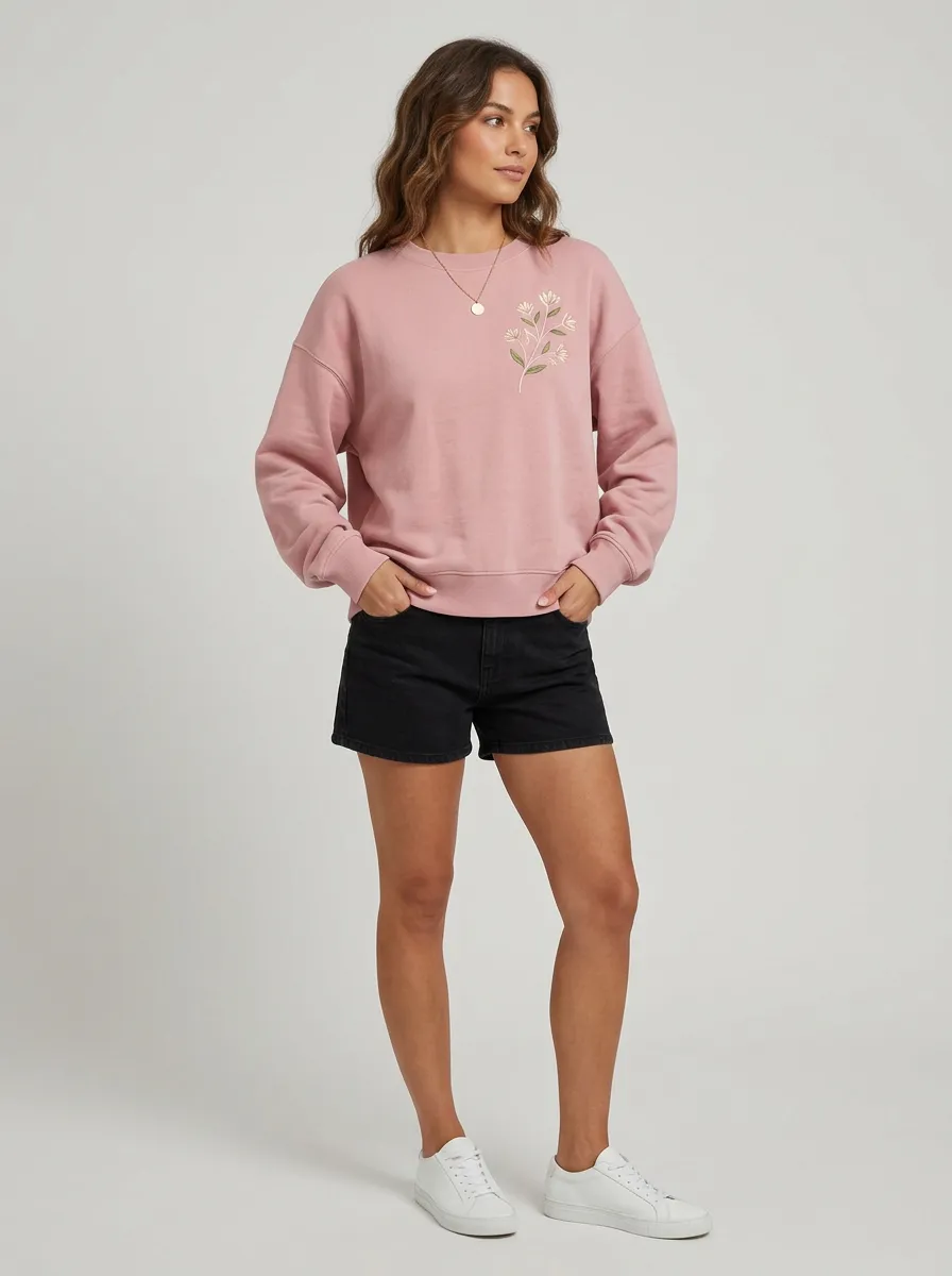 Women's Dusty Rose Floral Embroidered Crewneck Sweatshirt