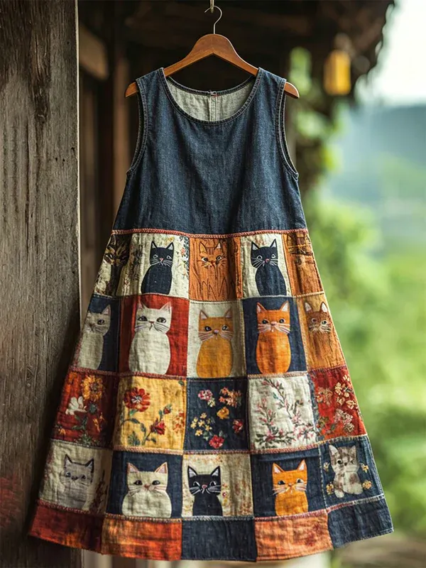 Women's Retro Floral Cat Sleeveless Midi Dress