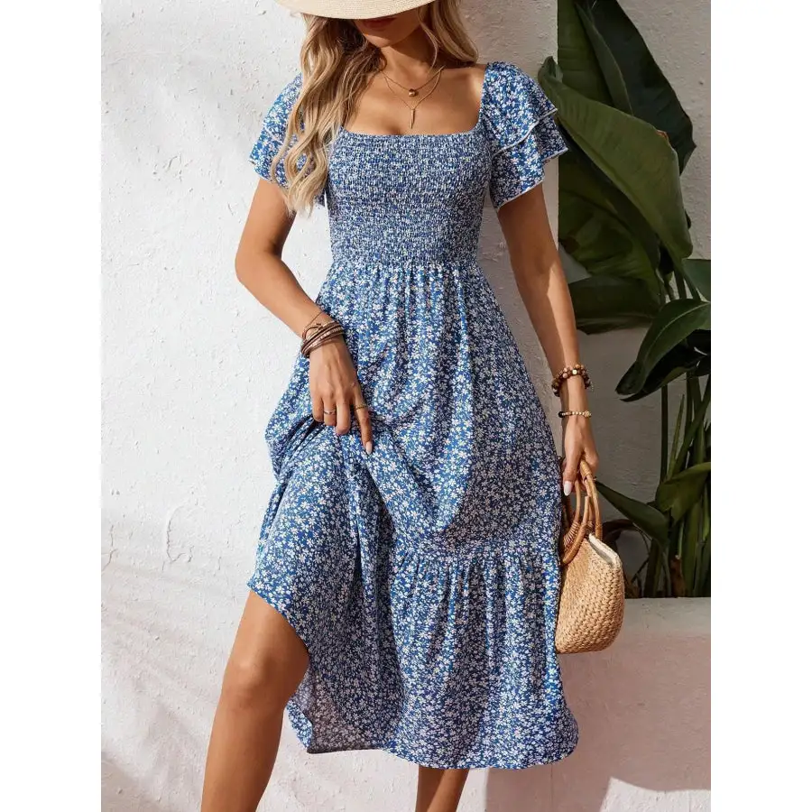 Smocked Square Neck Midi Dress