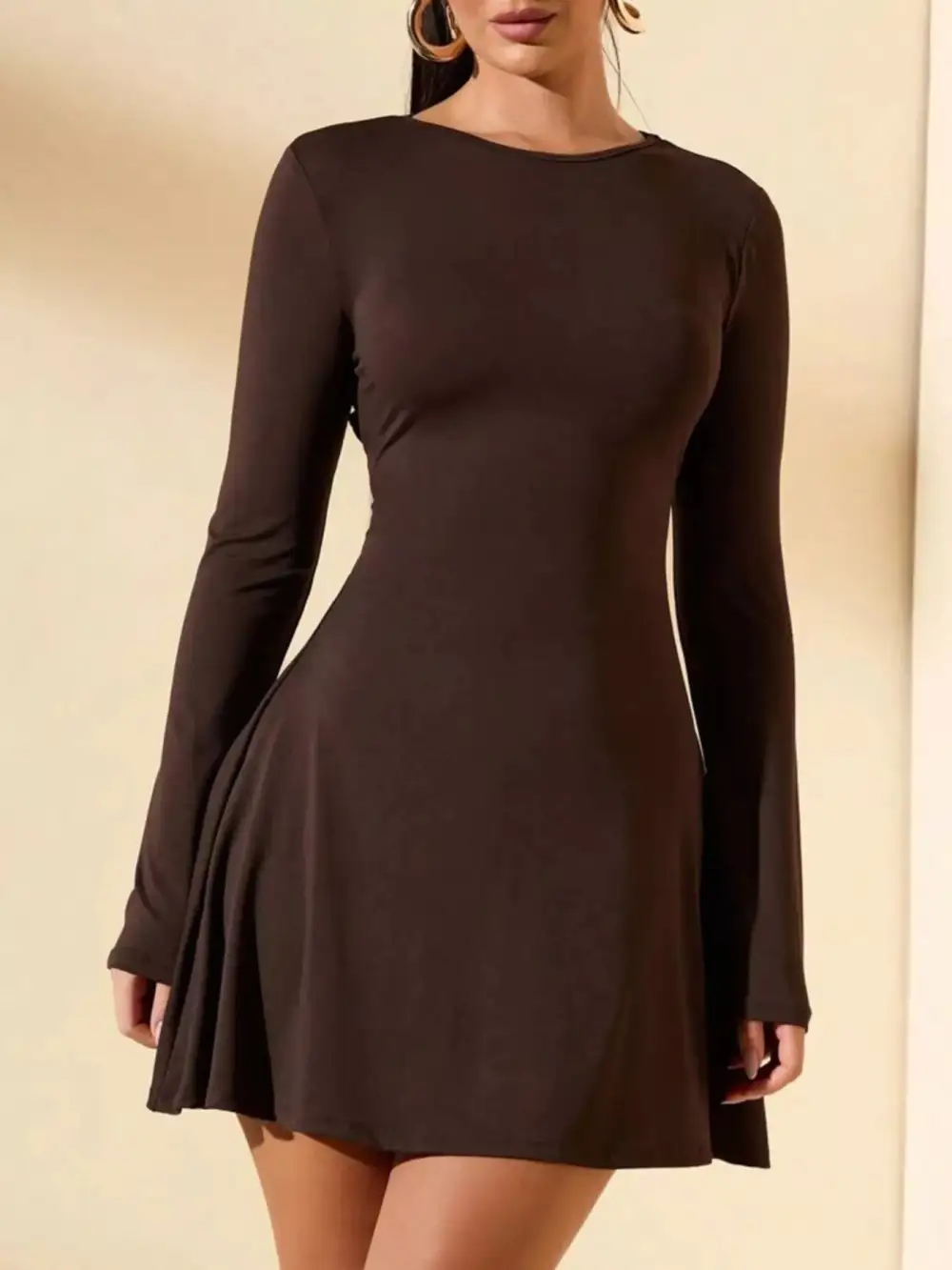 Wearable Cut Round Neck Long Sleeve Mini Dress