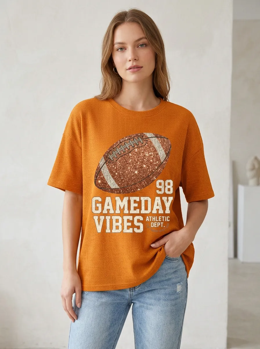 Women's Football Lover Gameday Vibes Glitter Ball Printed T-shirt