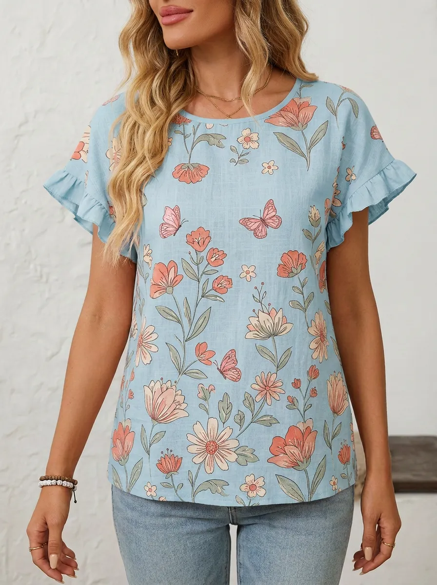 Butterfly Floral Ruffle-Sleeve Women's Loose Printed Blouse
