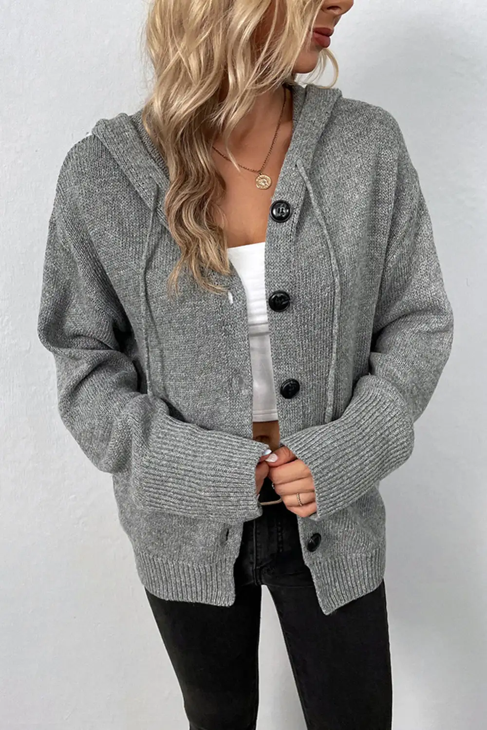 Button-Up Hooded Drop-Shoulder Cardigan