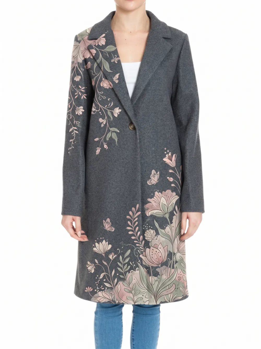 Women's Floral Butterfly Nature Printed Wool Coat