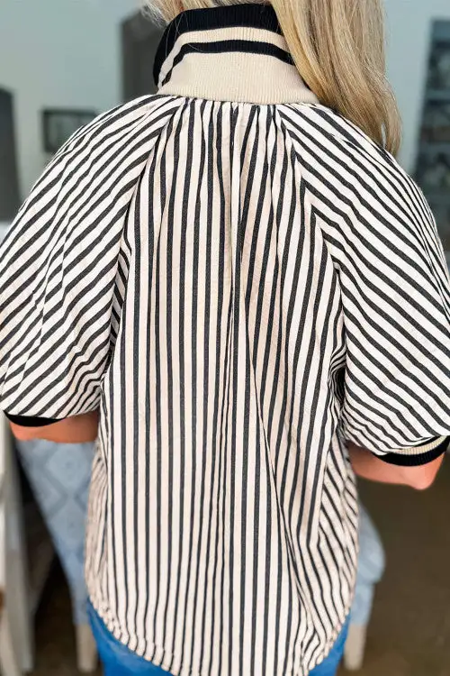 Stripe Polo Collar Half Zip Short Puff Sleeve Blouse