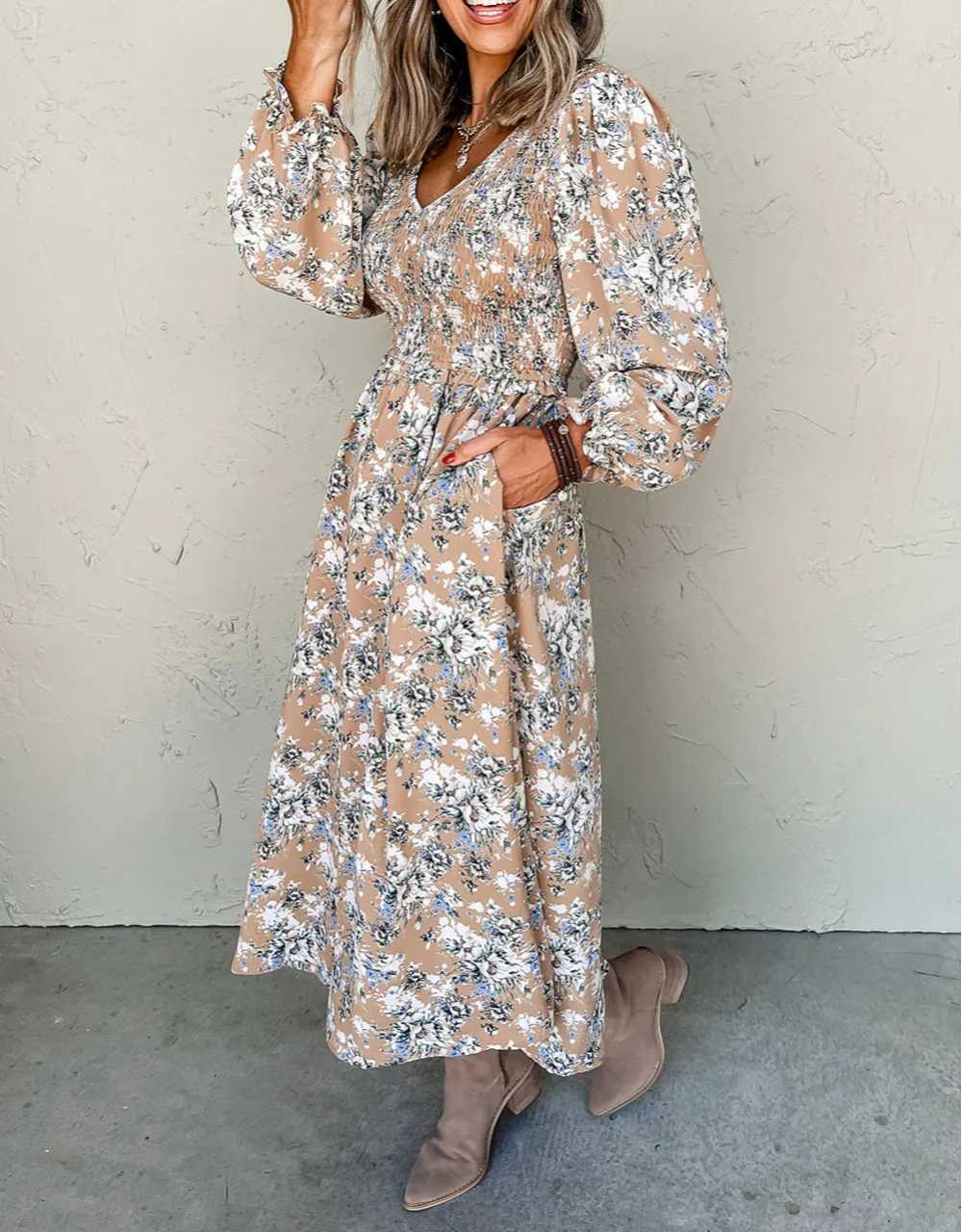 Floral Smocked Puff Sleeve Long Dress