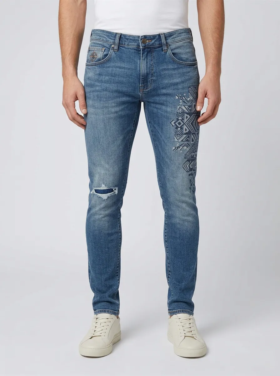 Men's Geometric Pattern Distressed Graphic Slim-Fit Jeans