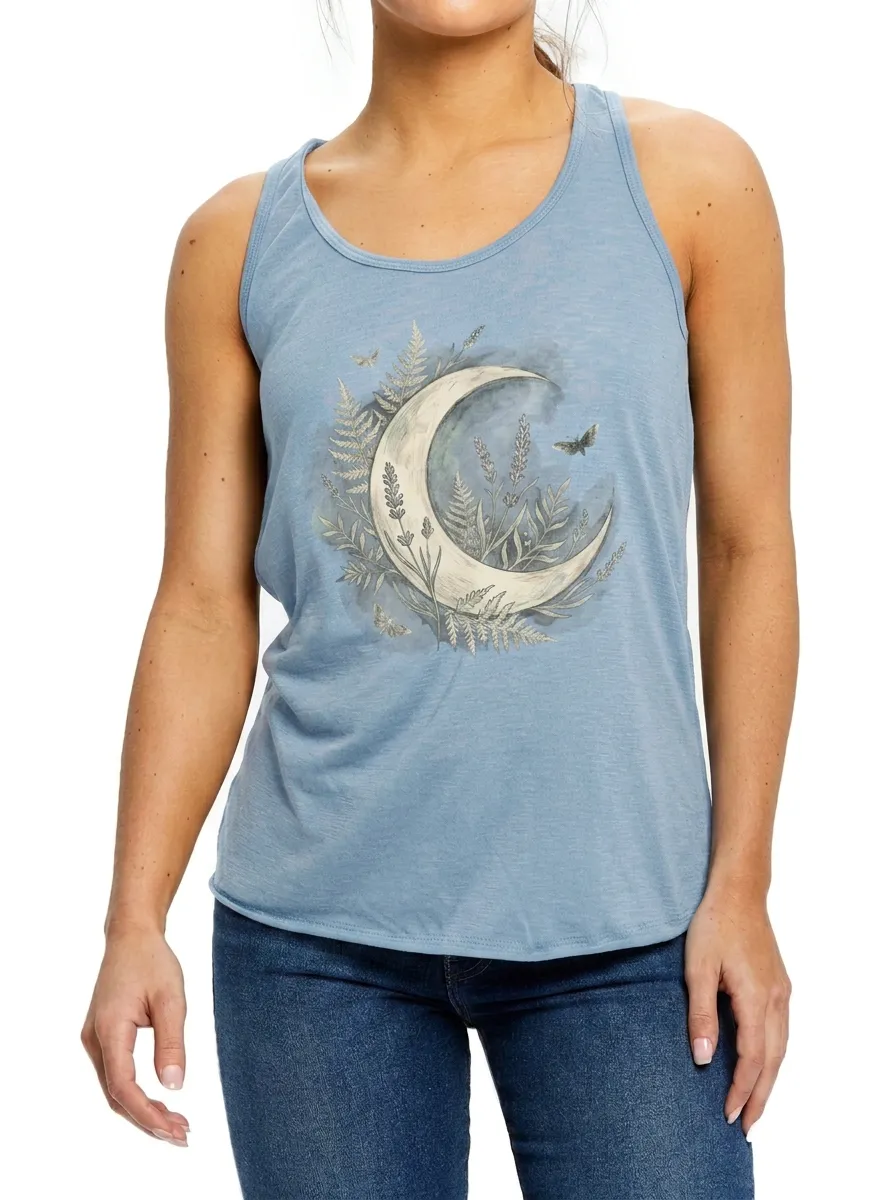Women's Celestial Nature Lover Crescent Moon Fern Printed Tank Top