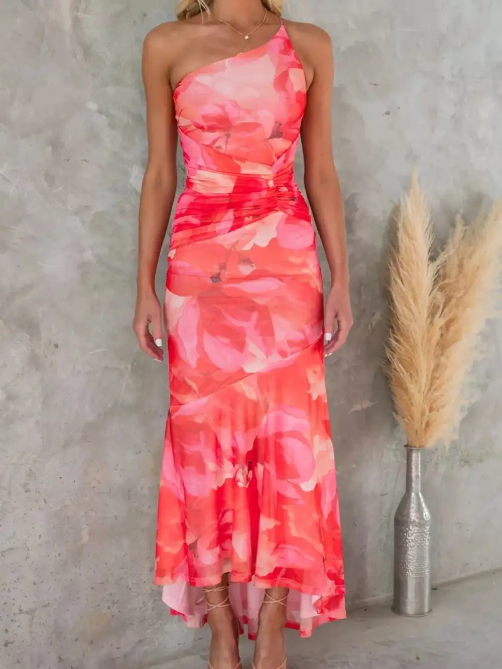 Ruched One-Shoulder Floral Maxi Dress
