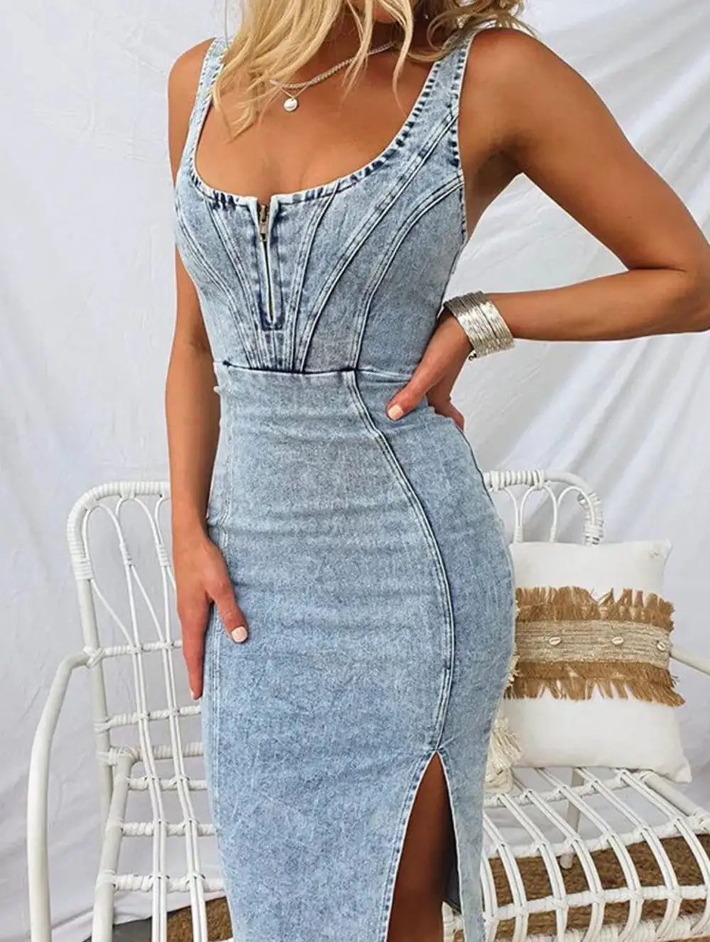 U Neck Denim Cami Mini Dress