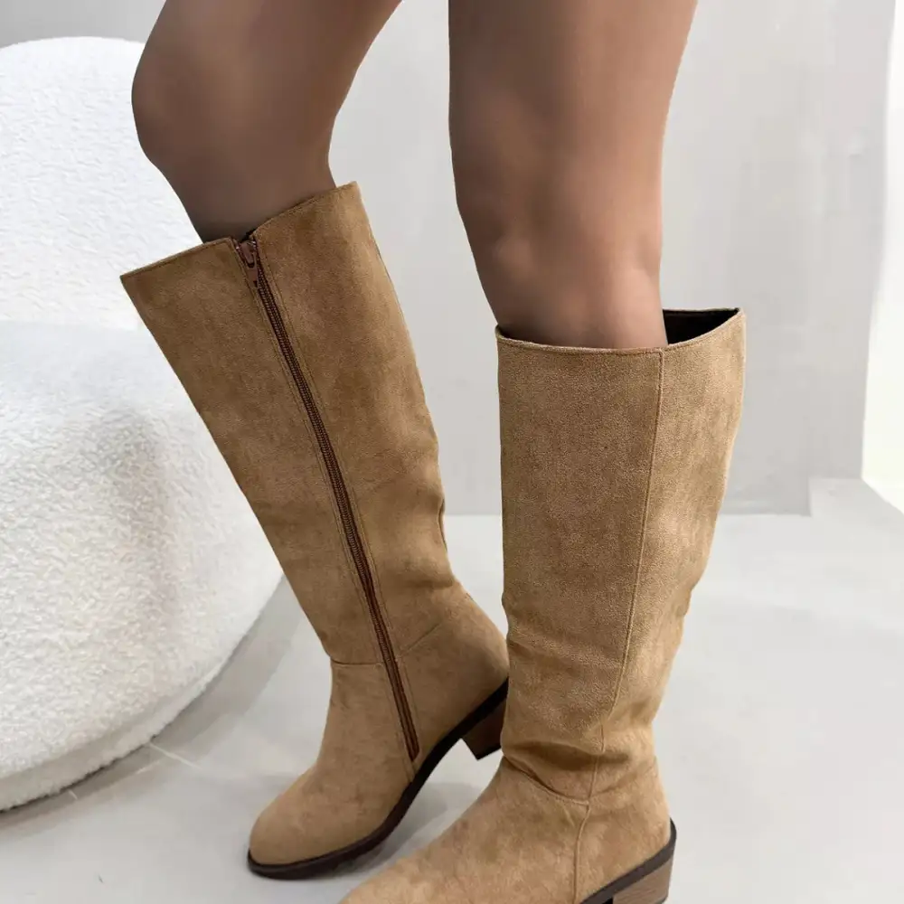Pleated Round Toe Block Heels Boots