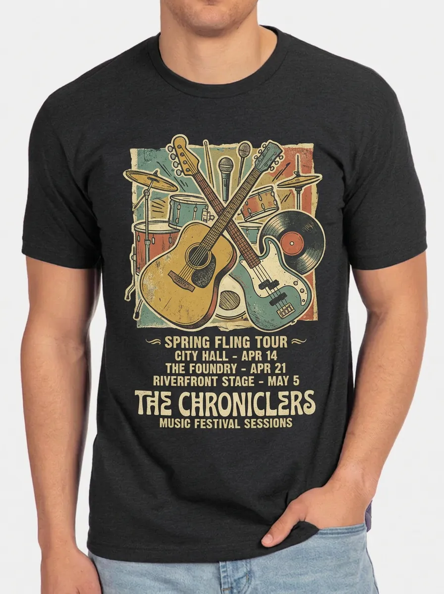 Men's Music Lover Vintage Guitar Drum Printed T-shirt