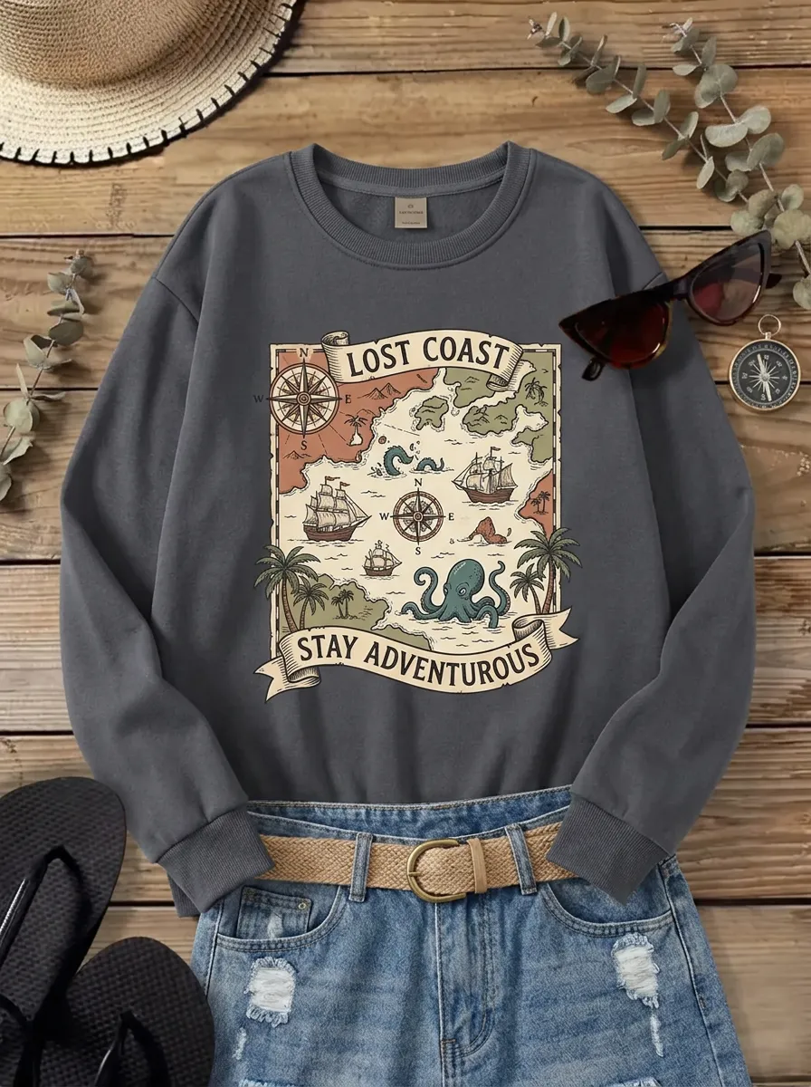 Unisex Lost Coast Adventure Map Octopus Printed Sweatshirt
