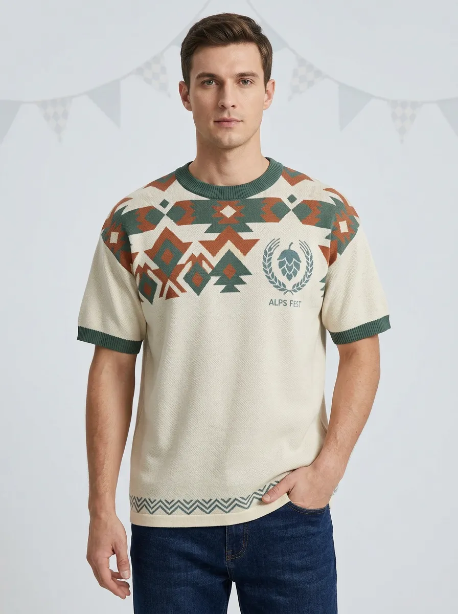 Men's Oktoberfest Alps Fest Hop Pattern Printed Knit T-shirt