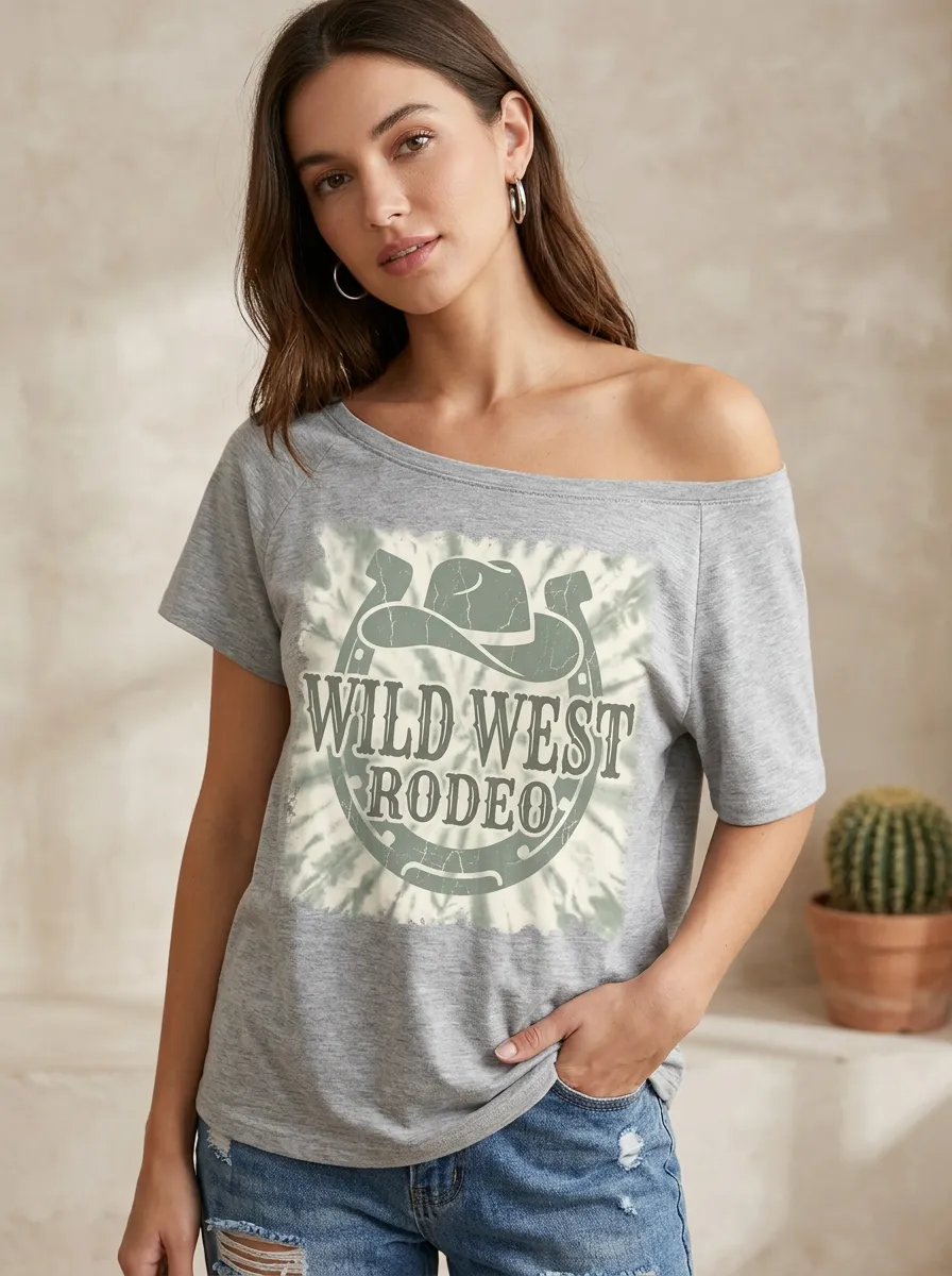 Women's Western Rodeo Cowboy Hat Horseshoe Printed Off-Shoulder T-shirt
