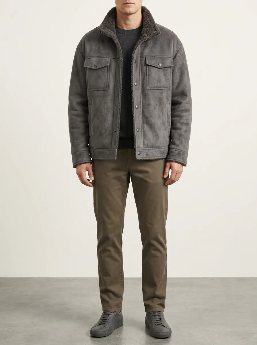 Men's Heritage-Inspired Grey Faux-Suede Sherpa-Lined Casual Jacket