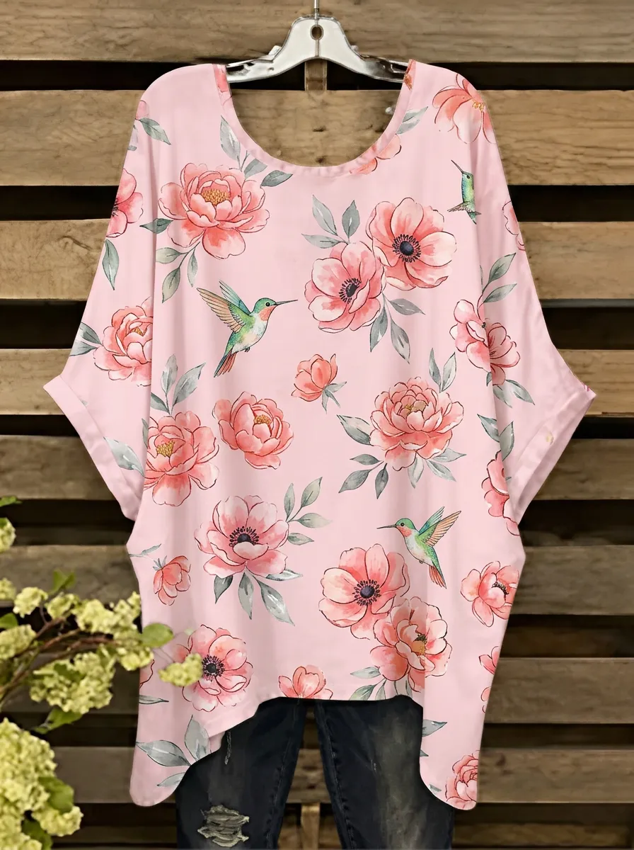 Garden-Inspired Hummingbird Floral Women's Loose Printed T-Shirt